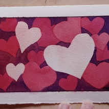 Shades of Red, watercolor, 3.5" x 5.25" Valentine Cards were an exercise in negative painting.